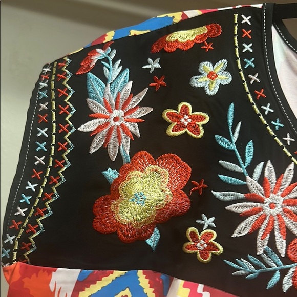 Black and Orange Graphic Cap Sleeve Blouse with Bib Collar - Picture 3 of 4